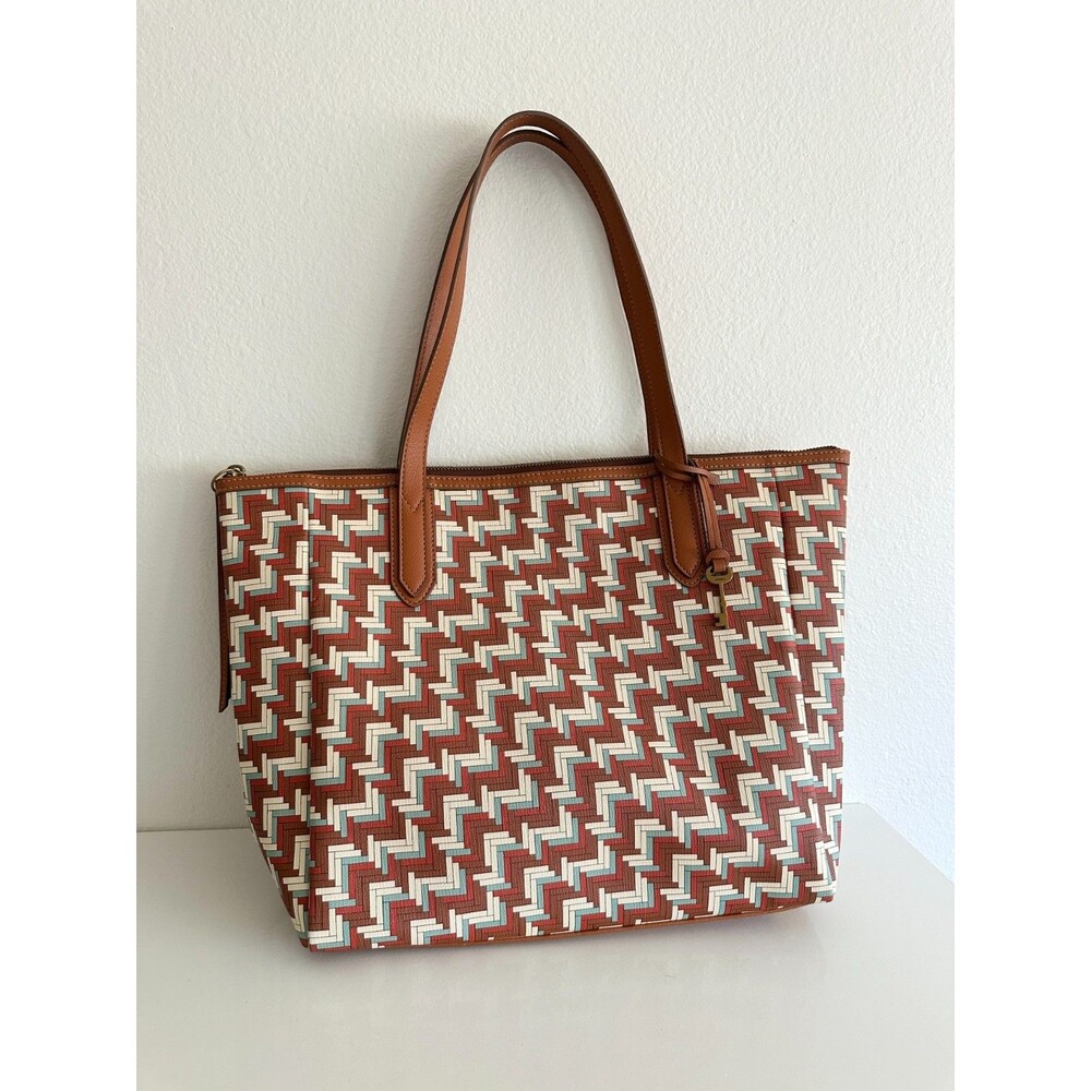 Fossil Sydney Signature Large Tote Bag Shoulder Purse Geometric Brown Top Handle